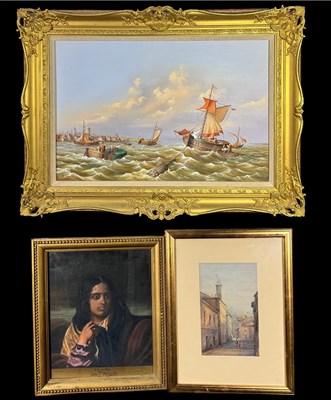 Lot 510 - K. Douglas, a coastal scene with sailing ships...