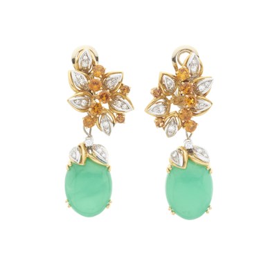 Lot 43 - A pair of 18ct gold chrysoprase, citrine and diamond drop earrings