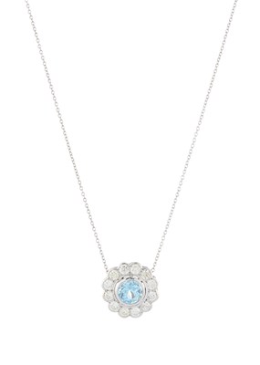 Lot 73 - An aquamarine and diamond cluster pendant, with chain