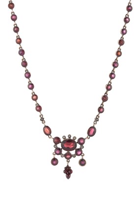 Lot 25 - A 19th century yellow metal garnet and pearl necklace