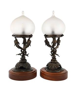 Lot 192 - A pair of Arts and Crafts bronze table lamps,...