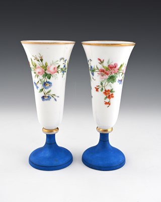 Lot 452 - A pair of French enamelled opaline glass vases,...