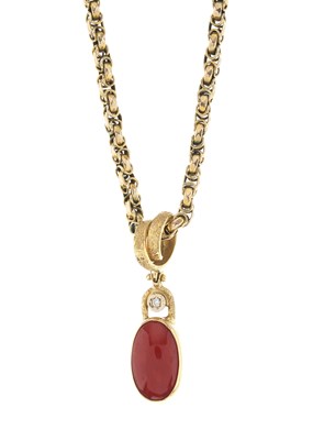 Lot 89 - An 18ct gold coral cabochon pendant, with...