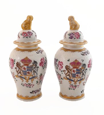 Lot 134 - A pair of Samson style baluster vases,...