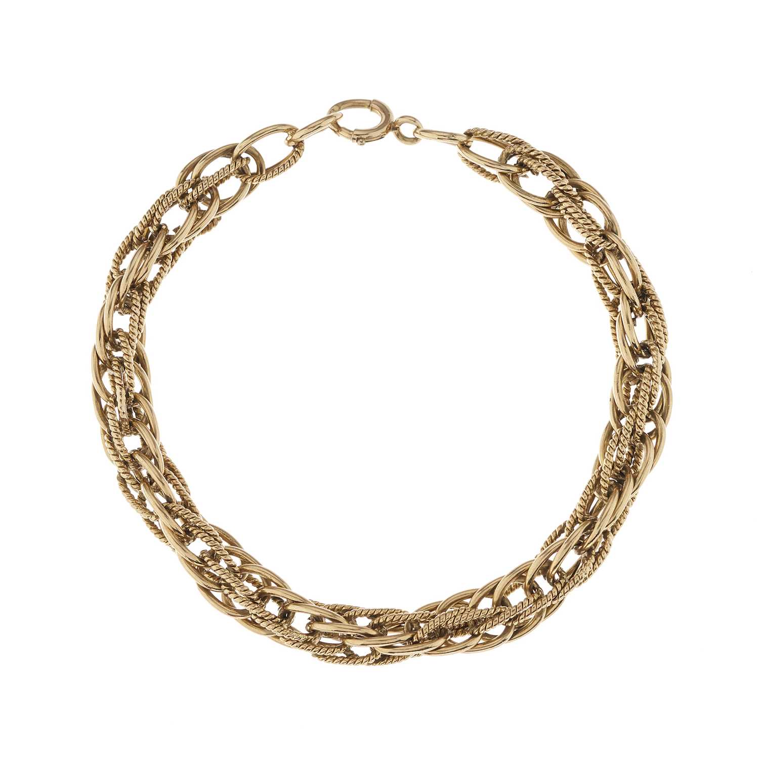Lot 102 - A 9ct gold fancy-link bracelet, with spring...