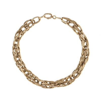 Lot 102 - A 9ct gold fancy-link bracelet, with spring...