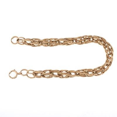 Lot 102 - A 9ct gold fancy-link bracelet, with spring...