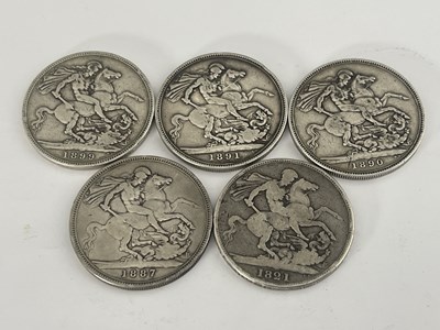 Lot 356 - Five silver crowns, George IV, 1821, Victoria,...