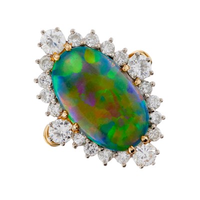 Lot 110 - An 18ct gold oval black opal cabochon and...