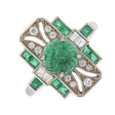 Lot 111 - An 18ct gold carved emerald cabochon and...