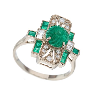 Lot 111 - An 18ct gold carved emerald cabochon and...
