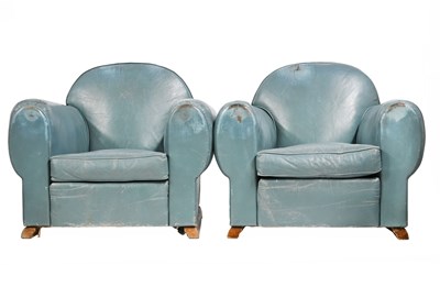 Lot 395 - A pair of Art Deco club armchairs, 1930s, sky...