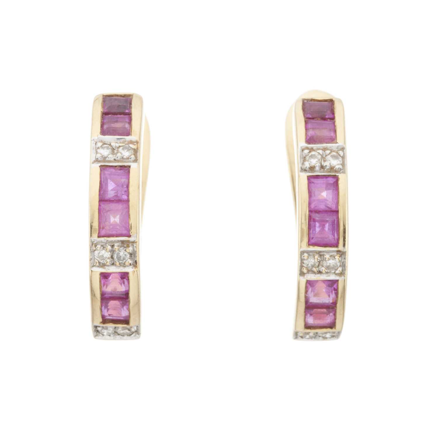 Lot 164 - A pair of 18ct gold pink sapphire and diamond half hoop earrings