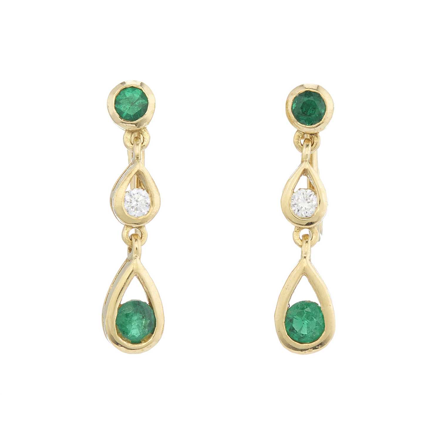 Lot 214 - A pair of 18ct gold emerald and diamond drop earrings