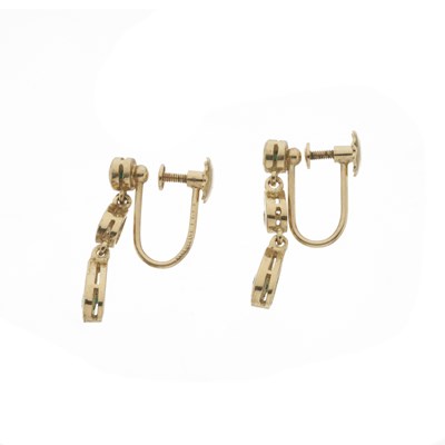 Lot 214 - A pair of 18ct gold emerald and diamond drop earrings