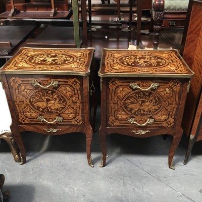 Lot 236 - A pair of French style marquetry inlaid side...