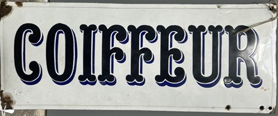 Lot 381 - A French Coiffeur enamel advertising sign,...