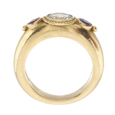 Lot 127 - Boodles & Dunthorne, an 18ct gold diamond, ruby and sapphire band ring