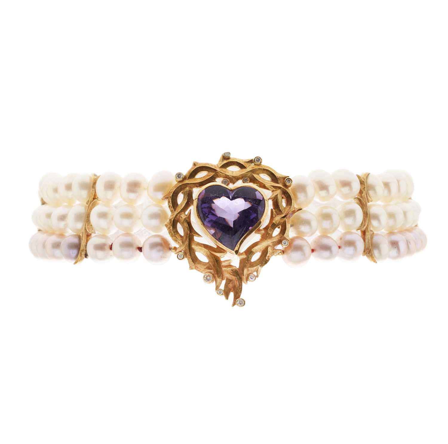 Lot 125 - Stephen Webster, a pearl three-row choker necklace, with 18ct gold amethyst and diamond heart clasp