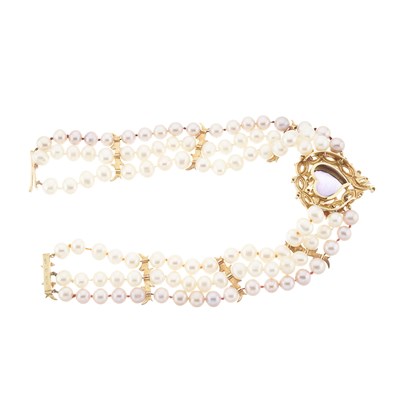 Lot 125 - Stephen Webster, a pearl three-row choker necklace, with 18ct gold amethyst and diamond heart clasp
