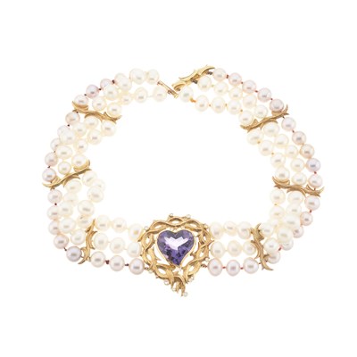 Lot 125 - Stephen Webster, a pearl three-row choker necklace, with 18ct gold amethyst and diamond heart clasp