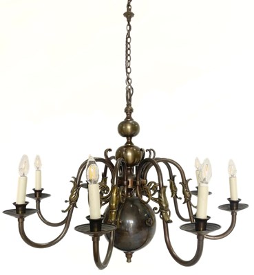 Lot 676 - A Dutch six-branch brass chandelier, c.1930s,...