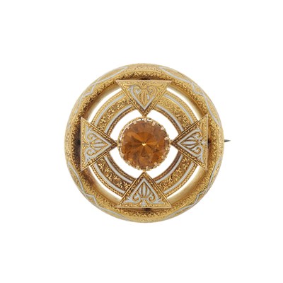 Lot 10 - A mid Victorian gold white enamel citrine target brooch