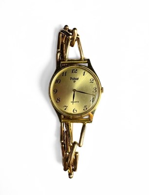 Lot 505 - Pulsar, a gold plated quartz watch on a 15ct rose gold expanding bracelet.