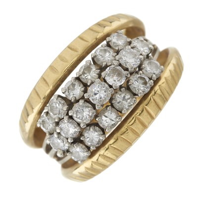 Lot 101 - An 18ct bi-colour gold brilliant-cut diamond three-row dress ring