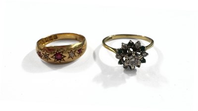 Lot 396 - Two 18ct gold ruby, emerald and diamond rings