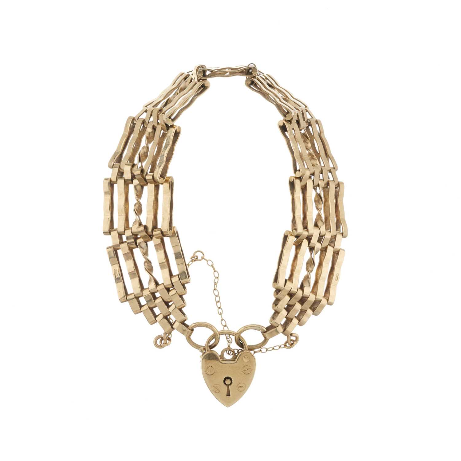 Lot 90 - A 1970s 9ct gold gate bracelet, with heart-shape padlock clasp