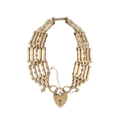 Lot 90 - A 1970s 9ct gold gate bracelet, with heart-shape padlock clasp