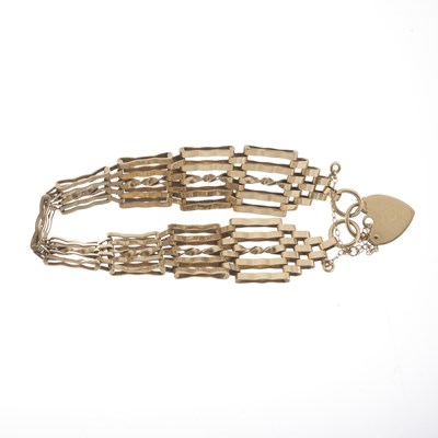 Lot 90 - A 1970s 9ct gold gate bracelet, with heart-shape padlock clasp