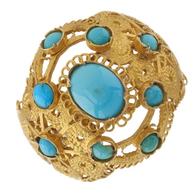 Lot 19 - A late 19th century gold turquoise filigree bombe ring