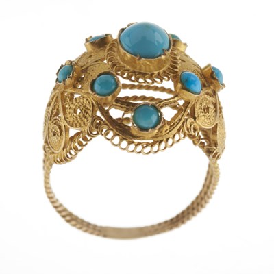 Lot 19 - A late 19th century gold turquoise filigree bombe ring