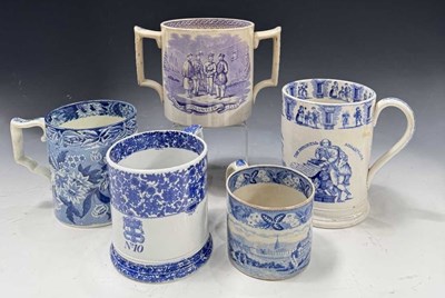 Lot 112 - A Victorian blue and white transferware tyg,...