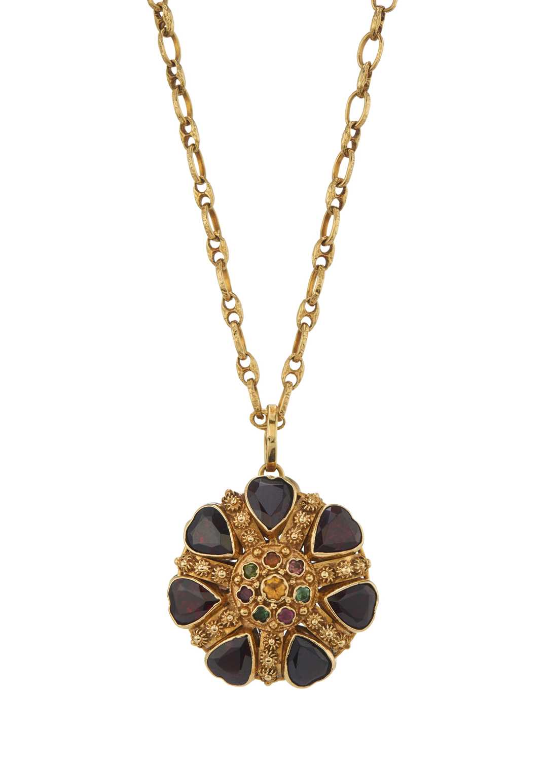Lot 67 - An 18ct gold garnet and multi-gem pendant, with chain