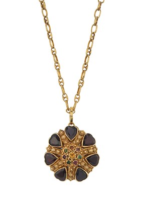 Lot 67 - An 18ct gold garnet and multi-gem pendant, with chain