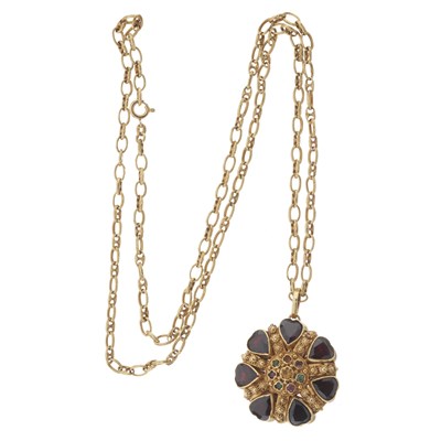 Lot 67 - An 18ct gold garnet and multi-gem pendant, with chain