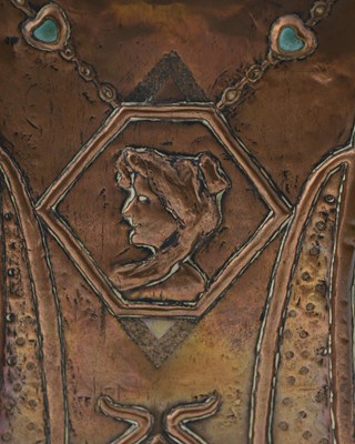 Lot 182 - An Arts and Crafts copper and Ruskin set clock,...