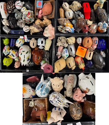 Lot 102 - Five trays of piggy banks and chinaware, many...