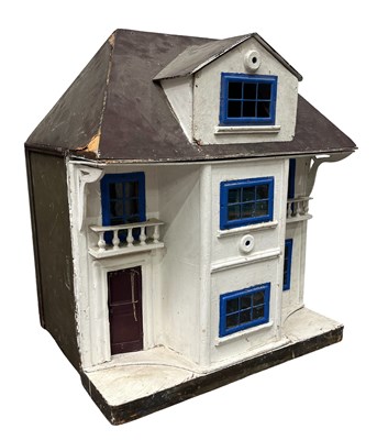 Lot 509 - A Blue and white painted plywood dolls house,...