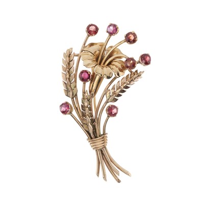 Lot 94 - A mid 20th century 14ct gold spinel floral spray brooch