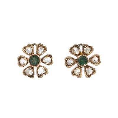 Lot 12 - A pair of gold emerald and diamond floral cluster stud earrings