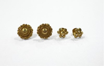 Lot 390 - Two pairs of gold stud earrings