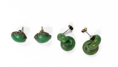 Lot 416 - Two pairs of jade earrings