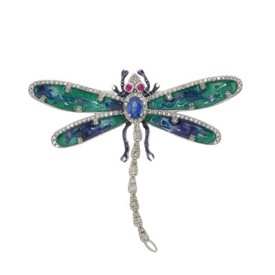 Lot 22 - A blue gem, ruby, diamond and enamel dragonfly pendant brooch