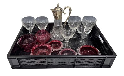 Lot 50 - A cut glass claret jug, etched with fruiting...