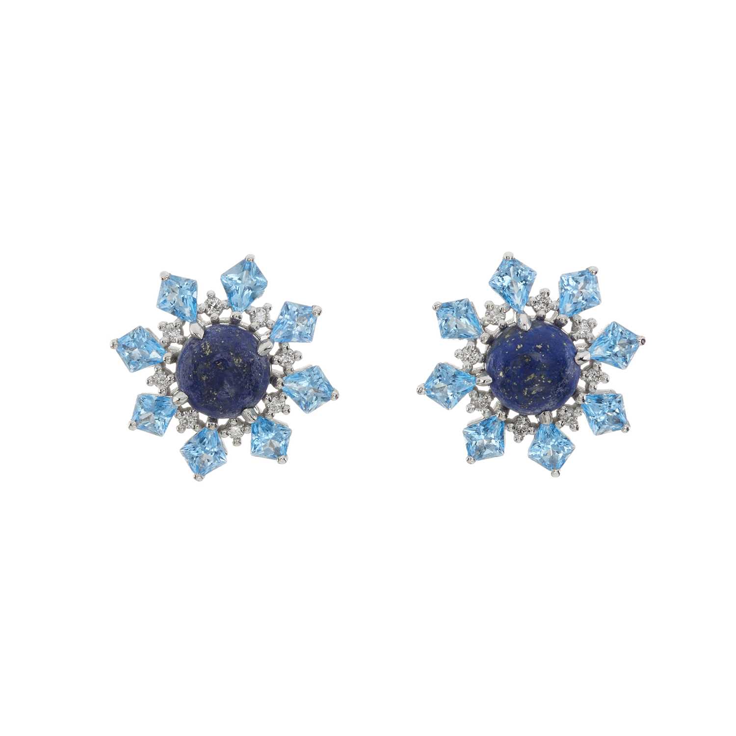 Lot 53 - A pair of platinum lapis lazuli, blue topaz and brilliant-cut diamond cluster earrings
