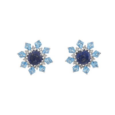 Lot 53 - A pair of platinum lapis lazuli, blue topaz and brilliant-cut diamond cluster earrings